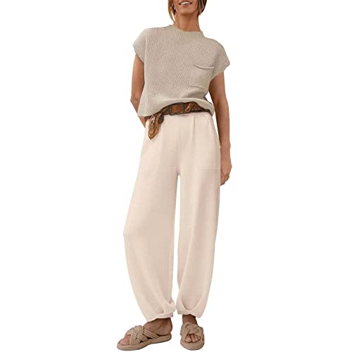 Sommer Set Damen Outfit - Zweiteiliger T Shirt Damen Pumphose Damen Set Hose und Oberteil Hosenanzug 2 Teiler Kurzarm Gerippte Strick Top Stehkragen mit Brusttasche Haremshose Hosen Sets für Frauen FO von NIUREDLTD