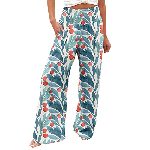 Women's Summer Cotton Linen Trousers Lightweight Long Summer Trousers with Pockets Linen Trousers Colourful Baggy Relaxing Beach Trousers Flowers Print Casual Elegant Wide Leg Casual Trousers von NIUREDLTD