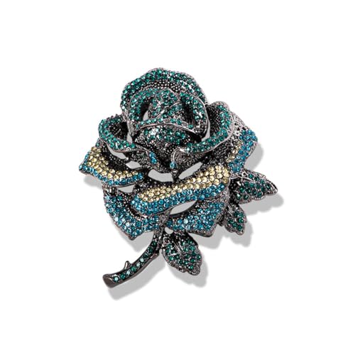Strass Große Blaue Rose Brosche für Frauen Romantische Blaue Rose Blume Pin Brosche Schmuck Strass Rose Blume Brosche Anstecknadel für Frauen Männer Rot Grün Kristall Große Blatt Anstecknadeln Elegant von NIUSHANG