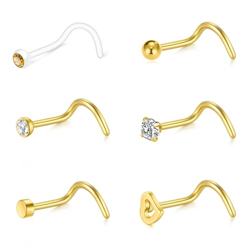 NIUSIMAN 20G Gold Nasenpiercing Schmuck Schraube Nasepiercing Chirurgenstahl Nostril Piercing Schmuck klare dünn kleine Nasepiercing Stecker Schraube mit kubischem Zirkon für Mädchen Frauen Männer von NIUSIMAN