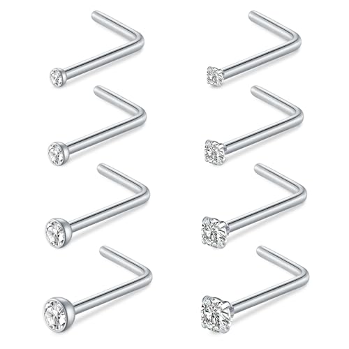 NIUSIMAN 20G Nasenpiercing Chirurgenstahl,8PCS L-förmiger Kristall Nasenpiercing Stecker Silber Nasenring Ohrstecker Dünnschmuck Nasenpiercing Kit Labret Ohrring Piercing Set Frauen Mädchen Männer von NIUSIMAN