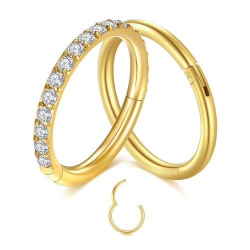 NIUSIMAN 2PC Nasenpiercing Gold 20G Nasenpiercing Ring Dünn Chirurgenstahl Helix Piercings Kristall Scharnier Ohrringe Hoop Clicker Hinge Ring Ohr Tragus Nase Septum Piercing Set für Frauen und Männer von NIUSIMAN