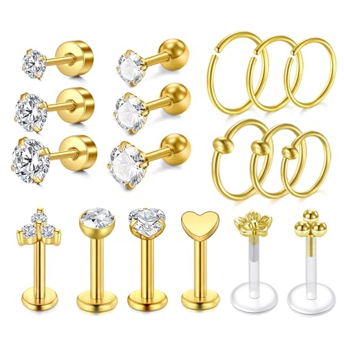 NIUSIMAN 48 Stück Helix Piercings, Ohrringe Gold 16G Chirurgenstahl Tragus Piercing Ohr Stud Ohrpiercing Edelstahl Ohrringe Ringe Ohrstecker Knorpel Lippe Labret Piercing Schmuck für Damen Frauen von NIUSIMAN