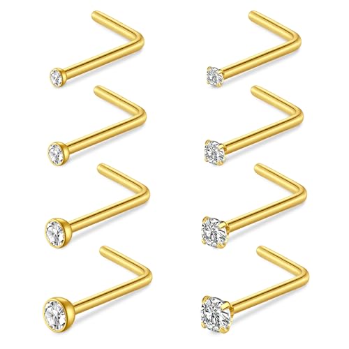 NIUSIMAN 8PCS Nasenpiercing,20G Nasenpiercing Gold L förmige Nasenpiercing Stecker Ring Dünn CZ Piercingschmuck Labret Tragus Ohrring Piercing Bars Set Geschenk für Frauen Männer Mädchen von NIUSIMAN