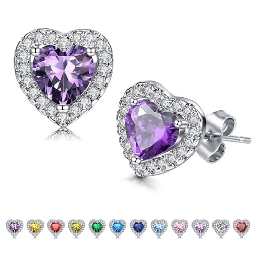 NIUSIMAN Herz Birthstone Ohrringe für Frauen,Weißgold vergoldet S925 Sterling Silber Ohrstecker für Frauen Mädchen Mom Lavendel Herz Birthstone Ohrringe Valentinstag Geburtstag Juni von NIUSIMAN