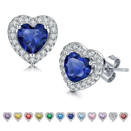 NIUSIMAN Herz Birthstone Ohrringe für Frauen,Weißgold vergoldet S925 Sterling Silber Ohrstecker für Frauen Mädchen Mom Royal Blue Heart Birthstone Ohrringe Valentinstag Geburtstag September von NIUSIMAN