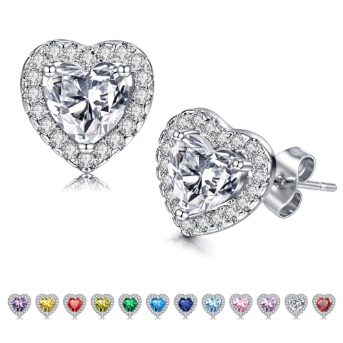 NIUSIMAN Herz Birthstone Ohrringe für Frauen,Weißgold vergoldet S925 Sterling Silber Ohrstecker für Frauen Mädchen Mutter klar Herz Birthstone Ohrringe Valentinstag Geburtstag April von NIUSIMAN