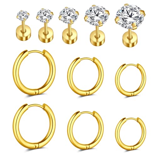 NIUSIMAN Stud Hoop Ohrringe für Frauen, 11pcs Edelstahl Gold Ohrstecker Helix Ohrring Cubic Zirkonia Ohrring Set kleine Hoop Huggie Knorpel Schläfer Ohrringe, Gold von NIUSIMAN