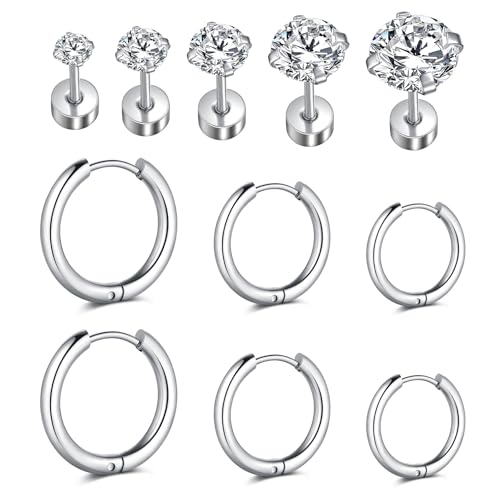 NIUSIMAN Stud Hoop Ohrringe für Frauen, 11pcs Edelstahl Helix Ohrring Silber Ohrstecker Cubic Zirkonia Ohrring Set für Mann kleine Hoop Huggie Knorpel Schläfer Herren Ohrringe, Silber von NIUSIMAN