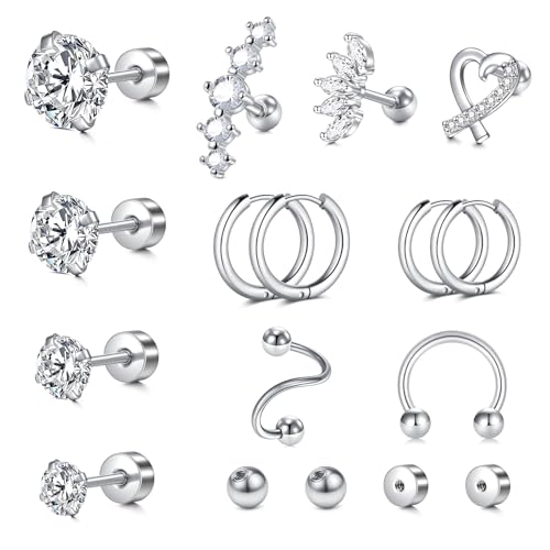 Niusiman Helix Tragus Piercings Silber Schmuck Labret Stecker für Frauen Tragus Piercing Chirurgenstahl 17 Edelstahl Ohr Lippen Piercing Schmuck Hoop Ohrring Silber Ohrstecker CZ Herren Ohrringe Set von NIUSIMAN