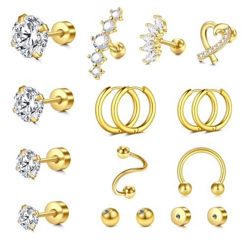 Niusiman Tragus Helix Piercings Gold schmuck Labret Stud für Frauen 17 Stück CZ Ohr Piercing Schmuck Tragus Piercing Chirurgenstahl Ring Edelstahl Forward Knorpel Ohrstecker für Frauen Männer von NIUSIMAN