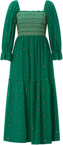 NIUVOO Damen-Maxikleid mit Blumenstickerei, Laternenärmel, quadratischer Ausschnitt, gestuftes Boho-Kleid, A-Linie, fließendes Frühlingskleid, dunkelgrün, M von NIUVOO
