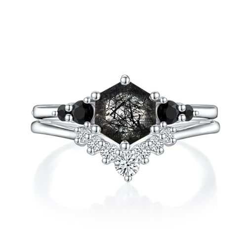 Sechseckiger schwarzer Rutilquarz-Ring for Frauen, einzigartige schwarze Rutilquarz-Hochzeitssets, S925 Sterling Silber 10K 14K 18K, Muttertagsgeschenk (Color : 14K, Size : 49.3(15.7)) von NIUXIANG