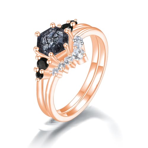 Sechseckiger schwarzer Rutilquarz-Ring for Frauen, einzigartige schwarze Rutilquarz-Hochzeitssets, S925 Sterling Silber 10K 14K 18K, Muttertagsgeschenk (Color : 18K, Size : 49.3(15.7)) von NIUXIANG