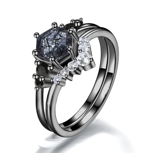 Sechseckiger schwarzer Rutilquarz-Ring for Frauen, einzigartige schwarze Rutilquarz-Hochzeitssets, S925 Sterling Silber 10K 14K 18K, Muttertagsgeschenk (Color : 18K, Size : 52(16.6)) von NIUXIANG