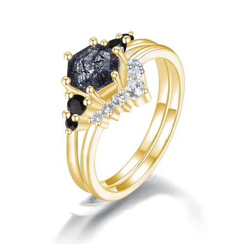 Sechseckiger schwarzer Rutilquarz-Ring for Frauen, einzigartige schwarze Rutilquarz-Hochzeitssets, S925 Sterling Silber 10K 14K 18K, Muttertagsgeschenk (Color : 18K, Size : 61(19.4)) von NIUXIANG