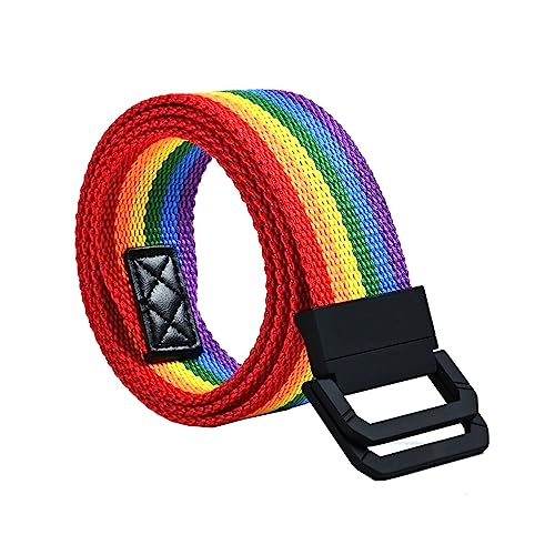 NIUXICH Canvas Gürtel Streifen Regenbogen Metall Doppelring Schnalle Jeans Taktischer Gürtel Kleidung Dekorativer Gürtel, Regenbogen, 3.8x135cm von NIUXICH