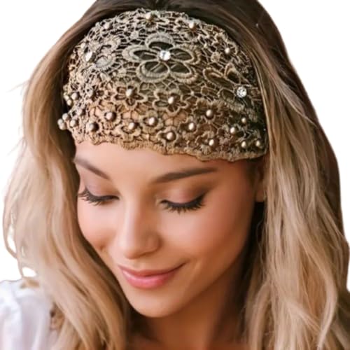 NIVAKINI Damen Stirnbänder Braun 1 Count (1 Stück) Erwachsene Frauen Elastisch Kunstleder Boho Floral Perle Spitze Design Rutschfest Bequem Sport & Mode Gym & Party von NIVAKINI