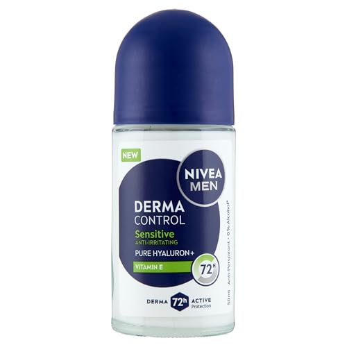 NIVEA Derma Control Sensitive Anti-Transpirant Deodorant für Herren, 72 Stunden Schutz vor Schweiß, Hyaluronsäure und Vitamin E, reizt die Achseln, empfindliche Haut, Roll-on 50 ml von NIVEA MEN