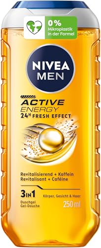 NIVEA MEN Active Energy Duschgel, pH-hautneutrale Pflegedusche mit 24h Frischeeffekt für Männer, revitalisierende Formel mit Koffein für Körper, Gesicht und Haar (250 ml) von NIVEA MEN