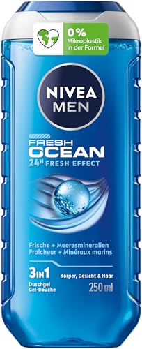 NIVEA MEN Fresh Ocean Duschgel, revitalisierende Pflegedusche mit maritimem Duft für Männer, Duschgel mit Meeresmineralien für Körper, Gesicht und Haar (250 ml) von NIVEA MEN