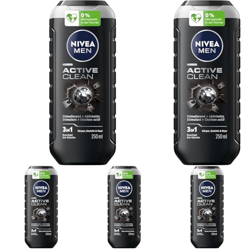 NIVEA MEN Active Clean Duschgel, pH-hautneutrale Pflegedusche für Männer mit stimulierendem Duft, Formel mit Aktivkohle für Körper, Gesicht und Haar (250 ml) (Packung mit 5) von NIVEA MEN