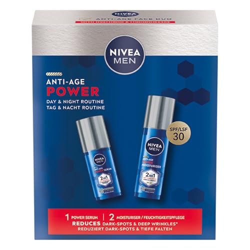 NIVEA MEN Anti-Age Gesichtspflege Set – Geschenkset mit Anti-Age Power Serum (30 ml) und Feuchtigkeitscreme (50 ml) – Pflegeset für jünger aussehende Haut in 2-4 Wochen von NIVEA MEN