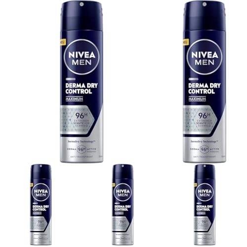 NIVEA MEN Antitranspirant, Deodorant gegen starkes Schwitzen, hautschonendes Deo Spray für 96h Schutz und ein geschmeidiges Hautgefühl, Derma Dry Control Maximum (150 ml) (Packung mit 5) von NIVEA MEN