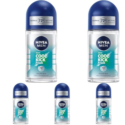 NIVEA MEN Cool Kick Fresh Deo Roll-On, Deodorant schützt 72h gegen Schweiß und Körpergeruch, Antitranspirant mit Kaktuswasser und Frische-Kick (50 ml) (Packung mit 5) von NIVEA MEN
