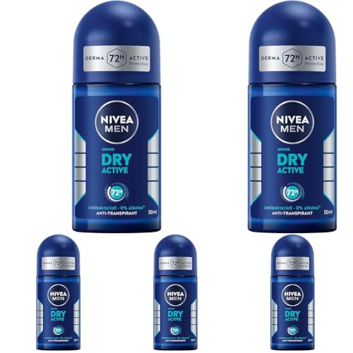 NIVEA MEN Dry Active Deo Roll-On, effektives Antitranspirant mit 72h Schutz für ein trockenes Hautgefühl, antibakterielles Deodorant mit Dual Active Formel (50 ml) (Packung mit 5) von NIVEA MEN