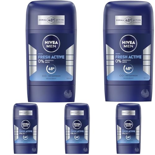 NIVEA MEN Fresh Active Deo Stick, Deodorant mit einzigartiger INFINIFRESH Formel für 48h Schutz, pflegender Deostick ohne Aluminium mit Meeresextrakten (50 ml) (Packung mit 5) von NIVEA MEN