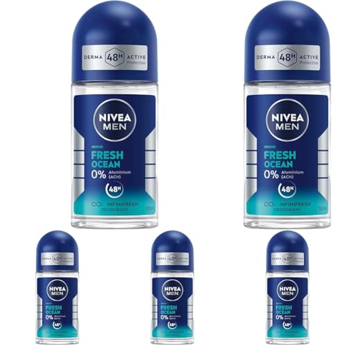 NIVEA MEN Fresh Ocean Deo Roll-On, Deoroller ohne Aluminium (ACH) mit 48h Schutz, pflegendes Deodorant mit INFINIFRESH Formel und frischem Meeresduft (50 ml) (Packung mit 5) von NIVEA MEN