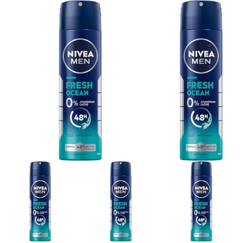 NIVEA MEN Fresh Ocean Deospray, Deo ohne Aluminium (ACH) mit 48h Schutz, Deodorant mit einzigartiger INIFINIFRESH Formel und frischem Meeresduft (150 ml) (Packung mit 5) von NIVEA MEN