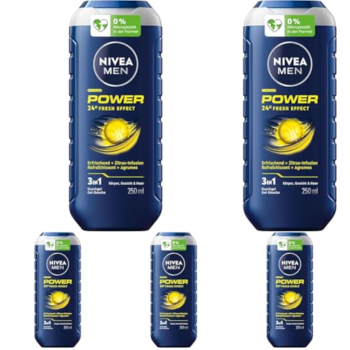 NIVEA MEN Power Duschgel, pH-hautneutrale Pflegedusche mit kraftvollem Duft für Männer, vitalisierende Formel mit Zitrus-Infusion für Körper, Gesicht und Haar (250 ml) (Packung mit 5) von NIVEA MEN