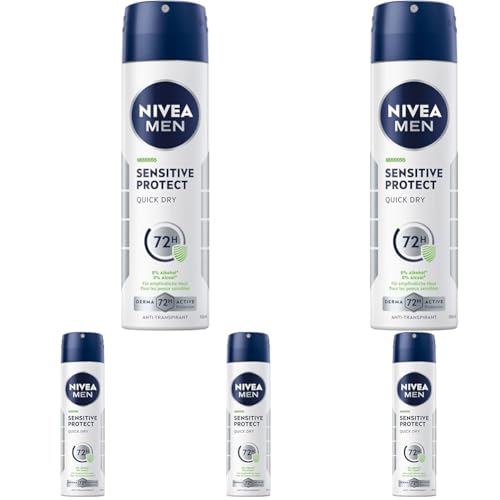 NIVEA MEN Sensitive Protect Deo Spray, Anti-Transpirant für 72h zuverlässigen Schutz für empfindliche Haut, antibakterielles Deodorant ohne Ethylalkohol (150 ml) (Packung mit 5) von NIVEA MEN
