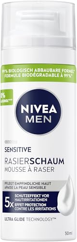 NIVEA MEN Sensitive Rasierschaum (50 ml), Rasierschaum für sensible Haut, schonender Rasierschaum für Männer mit Kamille, Provitamin B5 und Vitamin E von Beiersdorf
