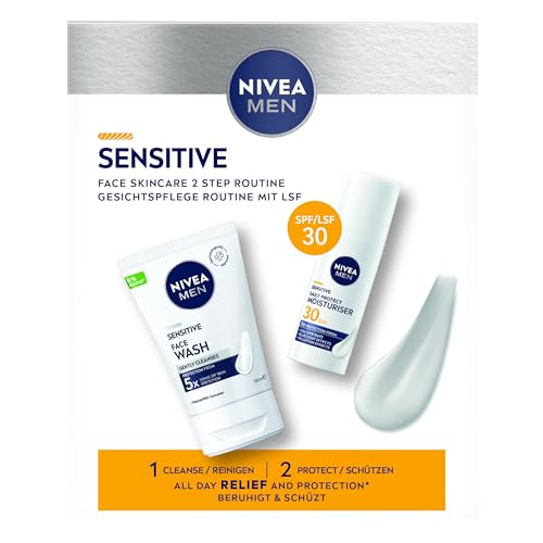 NIVEA MEN Sensitive Waschgel + Gesichtspflege LSF 30 Set – Geschenkset mit Gesichtsreiniger (100 ml) & Gesichtscreme (50 ml) – Pflegeset für Männer mit empfindlicher Haut von NIVEA MEN