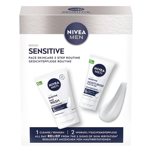 NIVEA MEN Sensitive Waschgel + Gesichtspflege Set – Geschenkset mit Reiniger (100 ml) und Gesichtscreme (50 ml) – Pflegeset für Männer mit empfindlicher Haut von NIVEA MEN