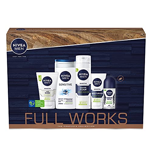 NIVEA MEN The Full Works Geschenkset (5-teilig) Sensitive Skin Men Geschenkset enthält Full-Size Deodorant Spray, Gesichtswäsche, Aftershave Balsam, Herren-Feuchtigkeitscreme und Duschgel von NIVEA MEN
