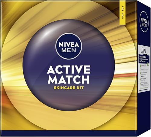 NIVEA MEN Active Match Geschenkset, Geschenk für Männer, Geschenkbox mit Duschgel (250 ml), Deo Spray (150 ml), Feuchtigkeitspflege (50 ml) und Waschgel (100 ml) von NIVEA MEN