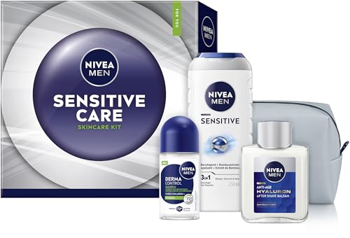 NIVEA MEN Sensitive Care Geschenkset, Geschenk für Männer, Geschenkbox mit Duschgel (250 ml), Deo Roll-on (50 ml), After Shave Balsam (100 ml) und Kulturtasche von NIVEA MEN
