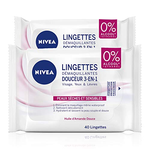 NIVEA 3-in-1 Abschminktücher (1 x 40 ST), 3-in-1-Make-up-Entferner für trockene und empfindliche Haut mit Süßmandelöl, Gesichtsreiniger, Augen & Lippen von NIVEA