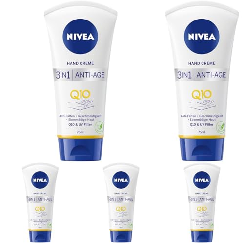 NIVEA 3in1 Anti-Age Q10 Hand Creme (75 ml), Anti-Falten Handpflege mit Q10 und UV-Filter, pflegende Hautcreme für normale bis trockene Hände (Packung mit 5) von NIVEA