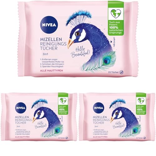 NIVEA 3in1 Hello Beautiful! Mizellen Reinigungstücher (25 Stück), sanfte Gesichtsreinigungstücher mit Vitamin E, Abschminktücher entfernen Make-Up & wasserfeste Mascara (Packung mit 3) von NIVEA