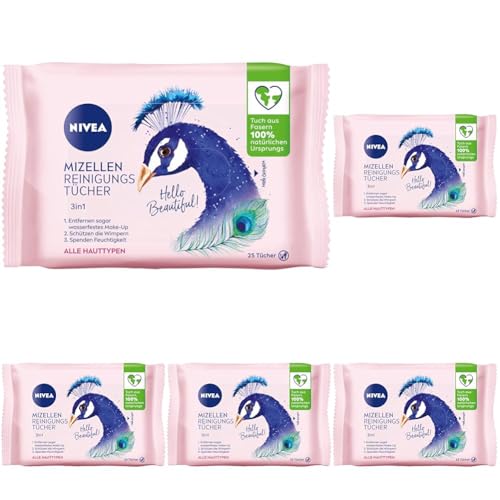 NIVEA 3in1 Hello Beautiful! Mizellen Reinigungstücher (25 Stück), sanfte Gesichtsreinigungstücher mit Vitamin E, Abschminktücher entfernen Make-Up & wasserfeste Mascara (Packung mit 5) von NIVEA