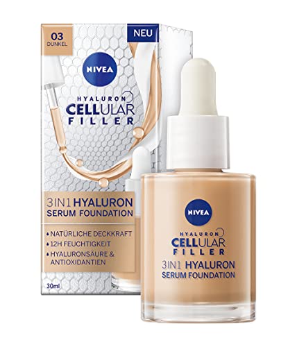 NIVEA 3in1 Hyaluron Serum Foundation dunkel (30 ml), Anti-Age Make-up für eine jünger aussehende Haut, feuchtigkeitsspendend und verleiht einen natürlich-ebenmäßigen Teint von NIVEA