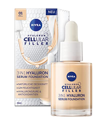 NIVEA 3in1 Hyaluron Serum Foundation hell, Anti-Age Foundation mit Serum für eine jünger aussehende Haut, feuchtigkeitsspendende Foundation mit Hyaluron (30 ml) von NIVEA