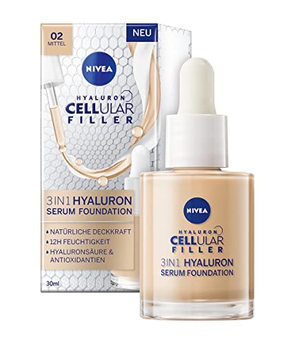 NIVEA 3in1 Hyaluron Serum Foundation mittel (30 ml), Anti-Age Foundation mit Serum für eine jünger aussehende Haut, feuchtigkeitsspendende Foundation mit Hyaluron von NIVEA