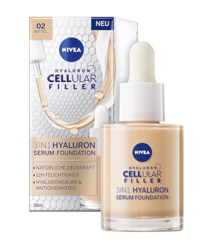 NIVEA 3in1 Hyaluron Serum Foundation mittel (30 ml), Anti-Age Make-up für eine jünger aussehende Haut, feuchtigkeitsspendend und verleiht einen natürlich-ebenmäßigen Teint von NIVEA