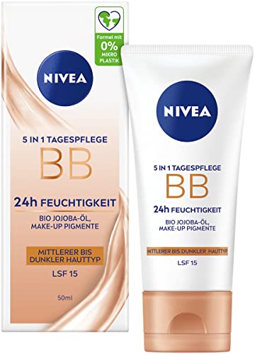 NIVEA 5 IN 1 Tagespflege BB 24h Feuchtigkeit LSF 15, getönte Tagescreme für mittlere bis dunkle Hauttypen, Gesichtscreme mit Bio Jojoba-Öl und Make-Up Pigmenten von NIVEA